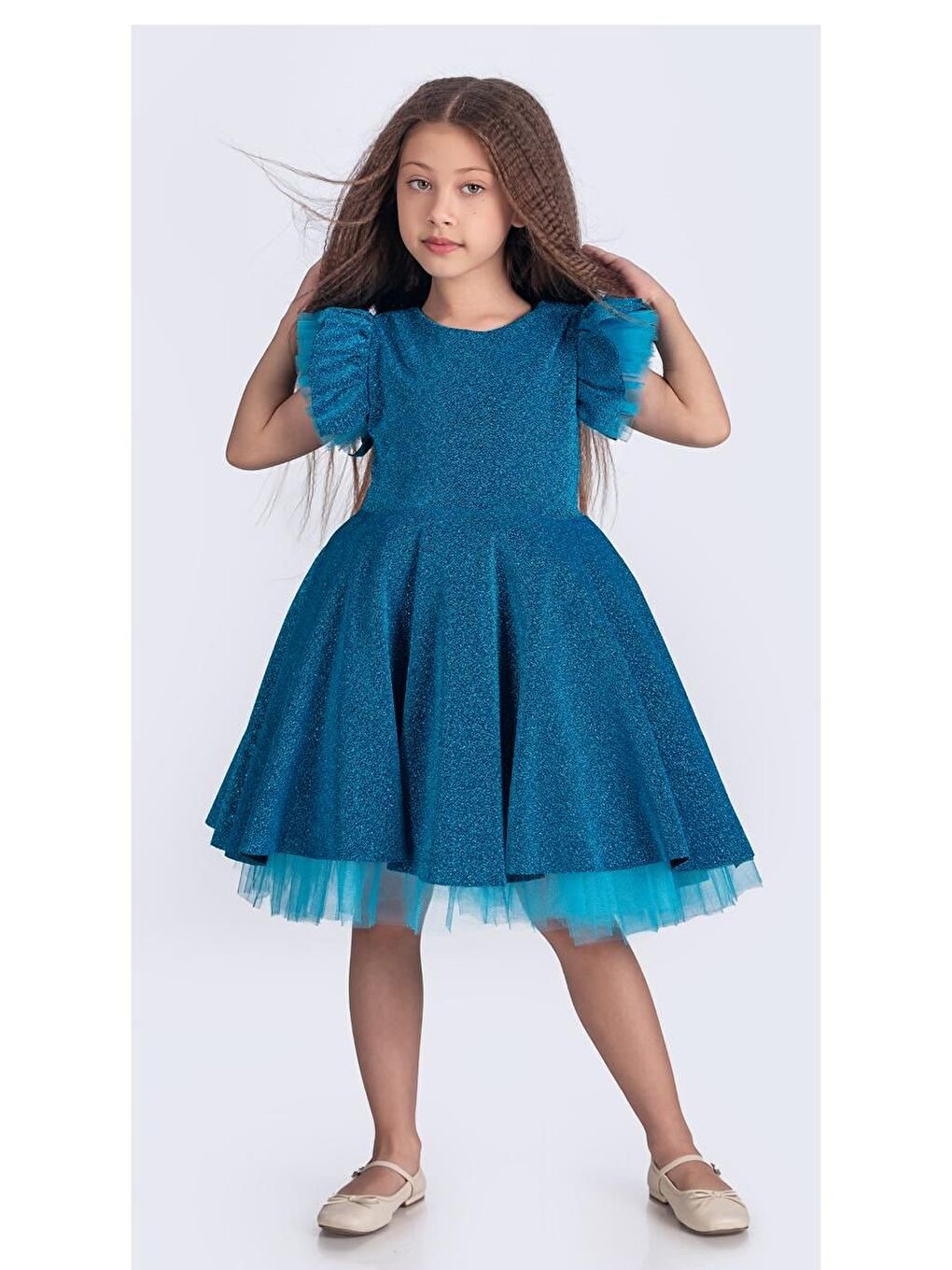 Turkuaz Simli Şanzelize Kız Çocuk Abiye Elbise M00669-8