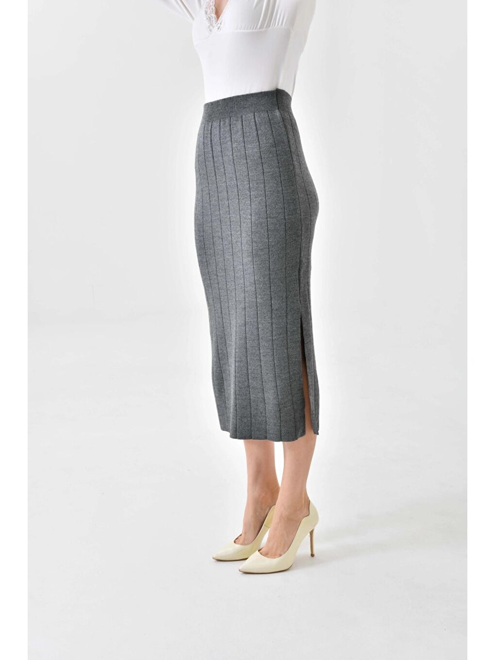 Antrasit Uzun Yırtmaçlı Kalem Triko Etek-1