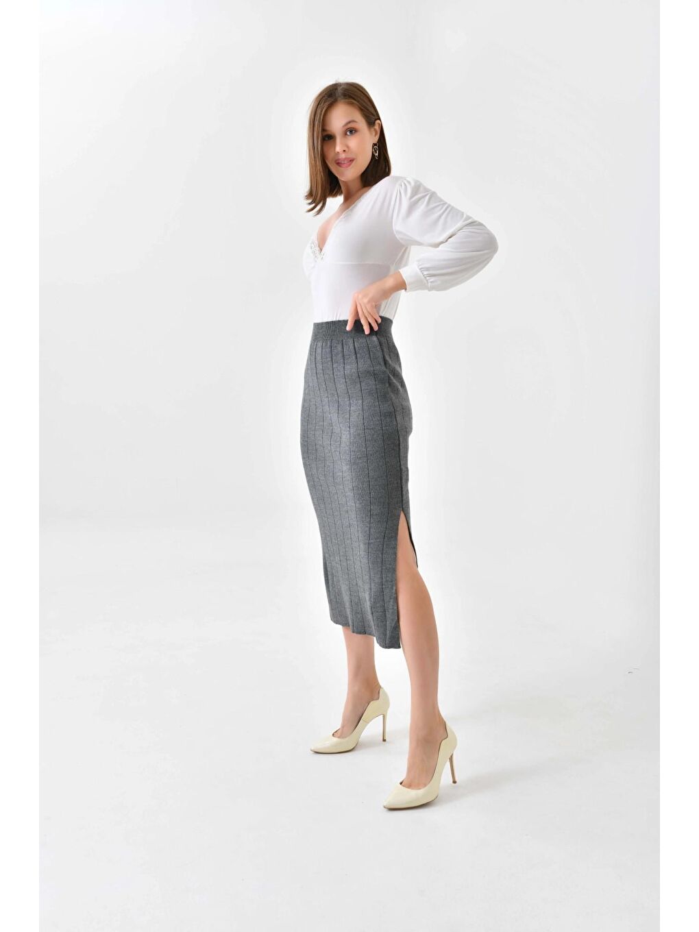 Antrasit Uzun Yırtmaçlı Kalem Triko Etek-2