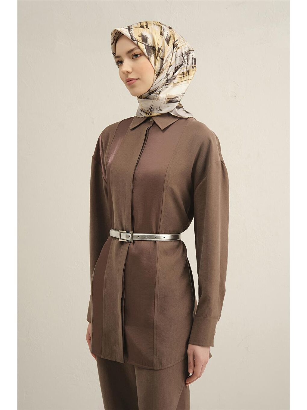 Bej Klasik Desenli Saf İpek Sura Eşarp 9350 31