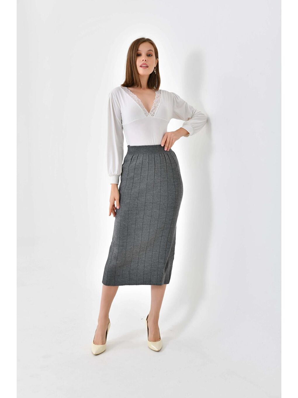 Antrasit Uzun Yırtmaçlı Kalem Triko Etek-3