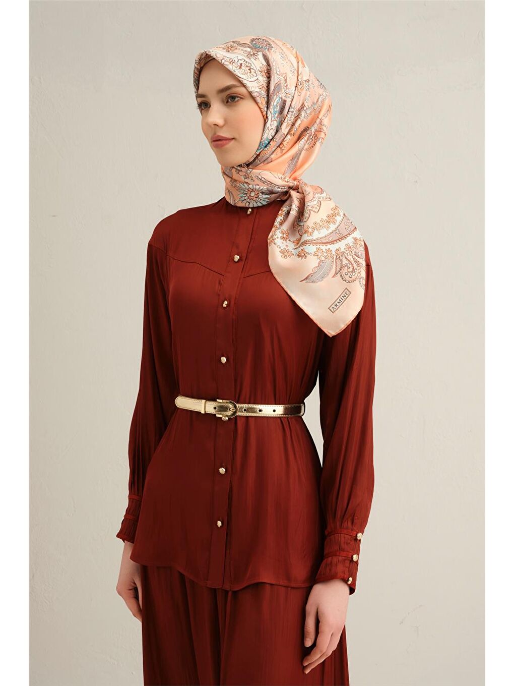 Turuncu Klasik Desenli Saf İpek Twill Eşarp 9338 55-1