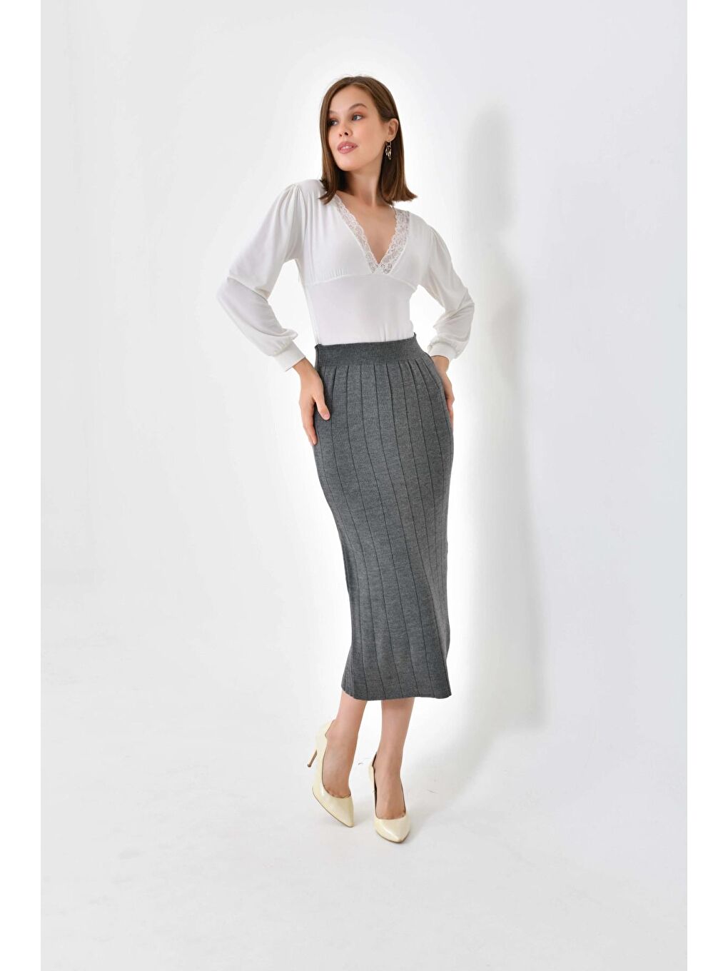 Antrasit Uzun Yırtmaçlı Kalem Triko Etek-4