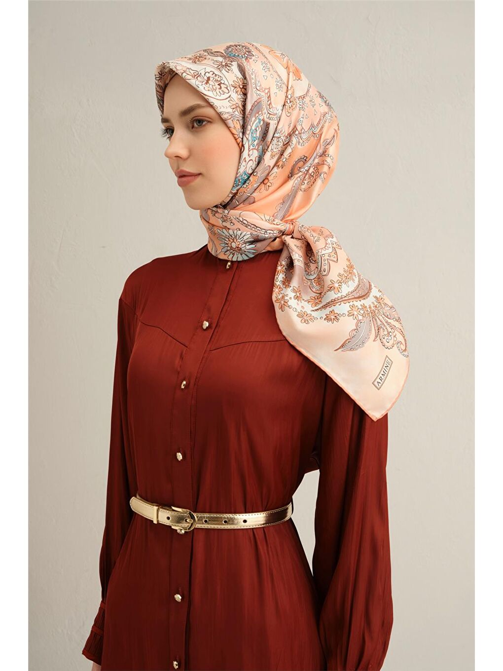 Turuncu Klasik Desenli Saf İpek Twill Eşarp 9338 55-2