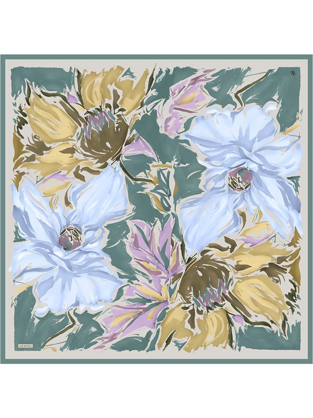 Yeşil Çiçek Desenli Saf İpek Twill Eşarp 9337 50-2