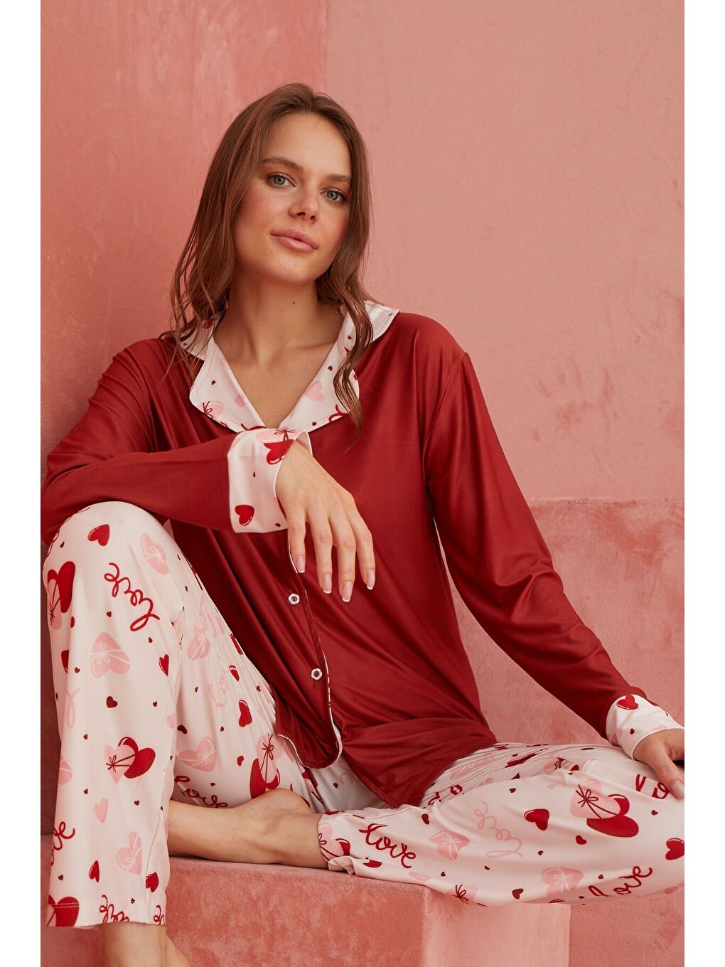 Bordo Kalp Desenli Önden Düğmeli Uzun Kollu Örme Pijama Takımı 1182-12