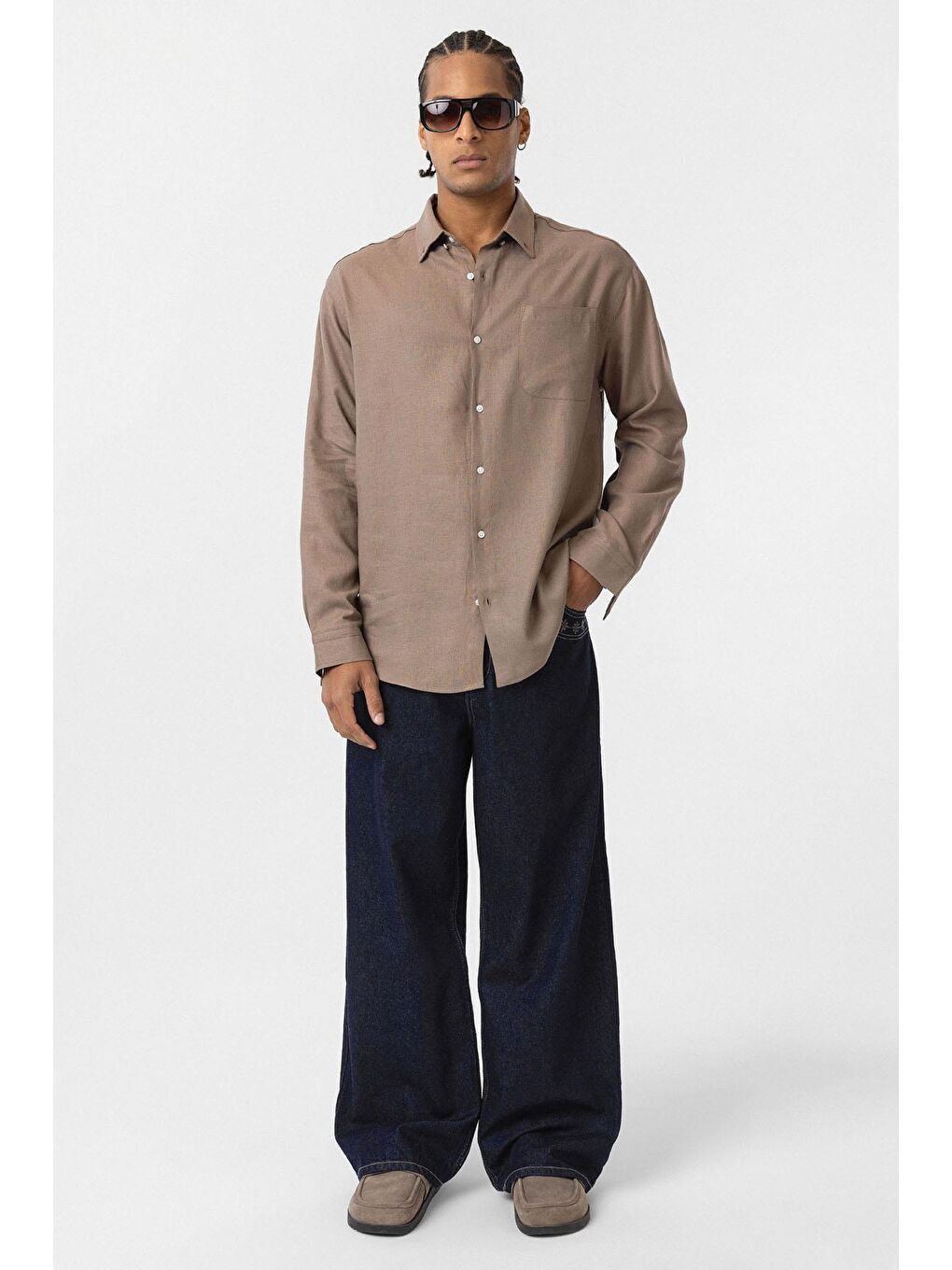 Bej Cep Detaylı Oversize Uzun Kol Gömlek Vizon