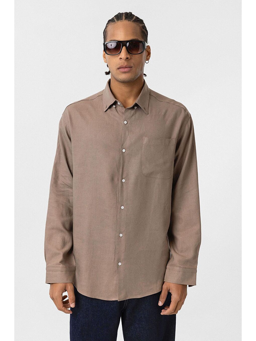 Bej Cep Detaylı Oversize Uzun Kol Gömlek Vizon-1