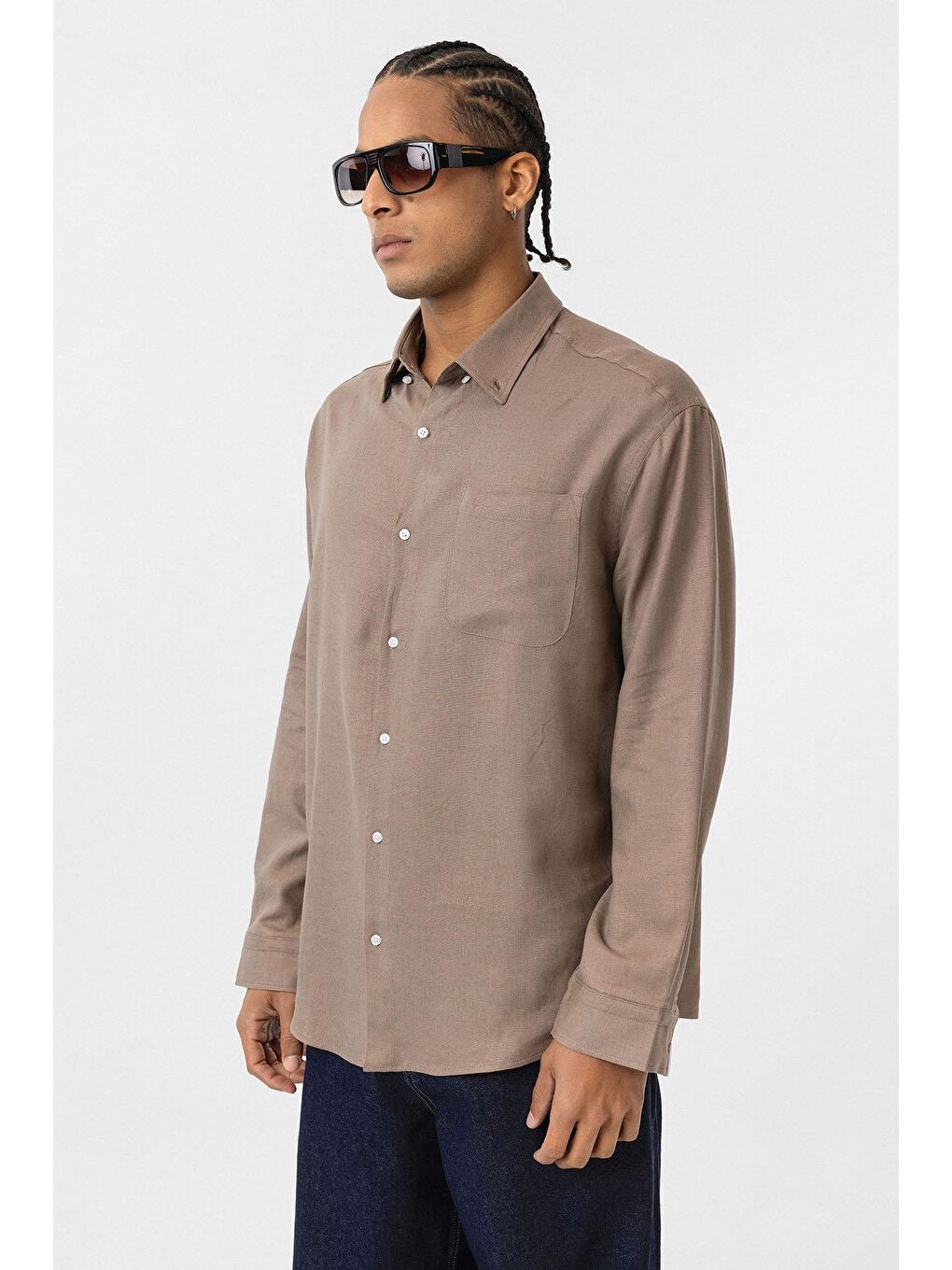 Bej Cep Detaylı Oversize Uzun Kol Gömlek Vizon-2