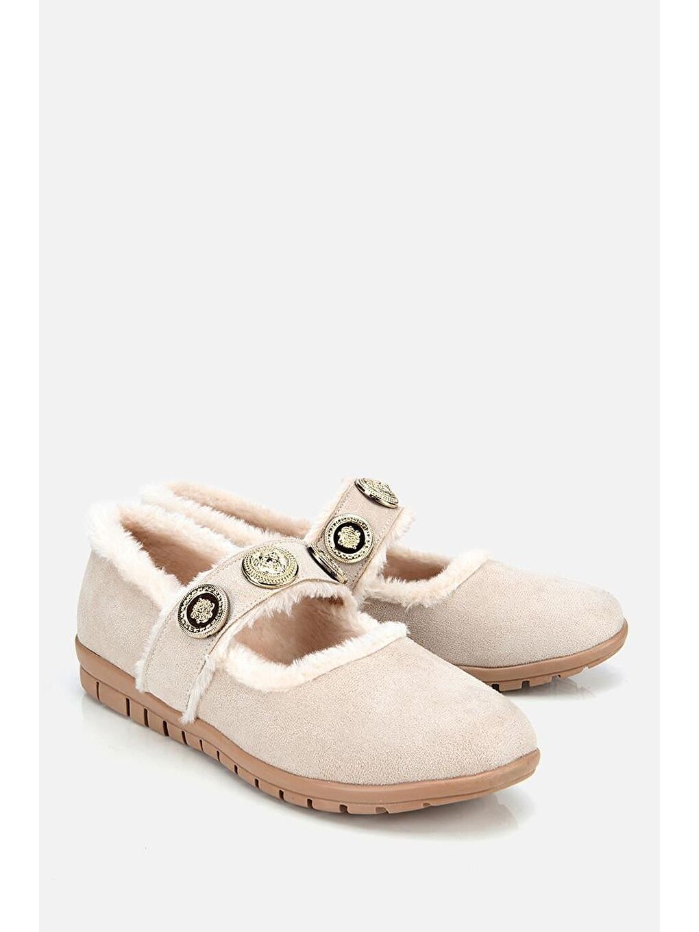 Kadın Bej Kürklü Tokalı Mary Jane Babet-1