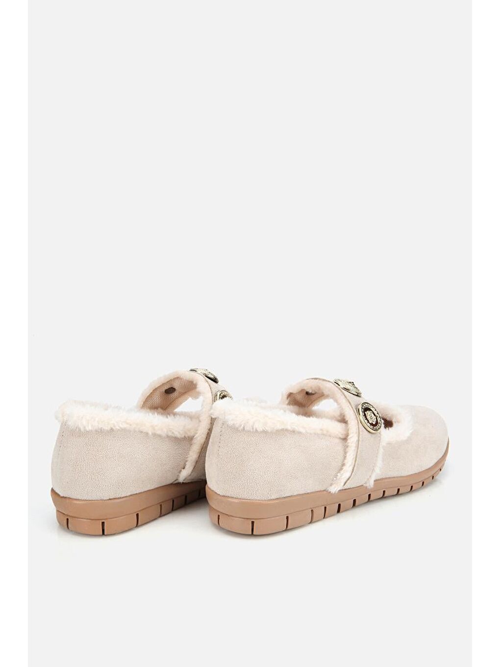 Kadın Bej Kürklü Tokalı Mary Jane Babet-2