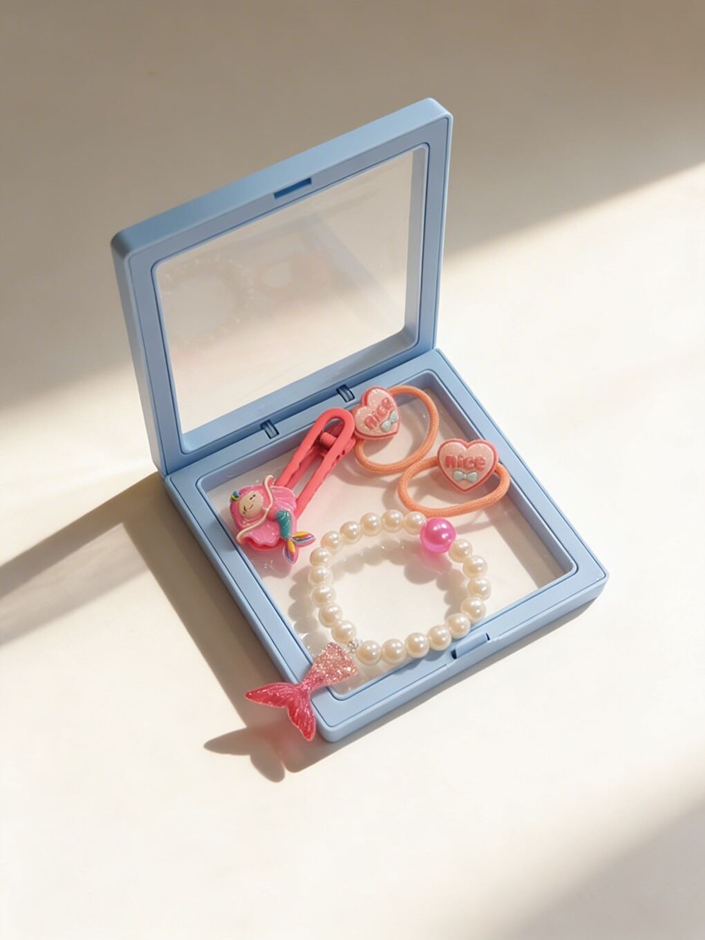 Kız Çocuk 4'Lü Deniz Kızı Plastik Kutulu Toka Seti Mavi-1