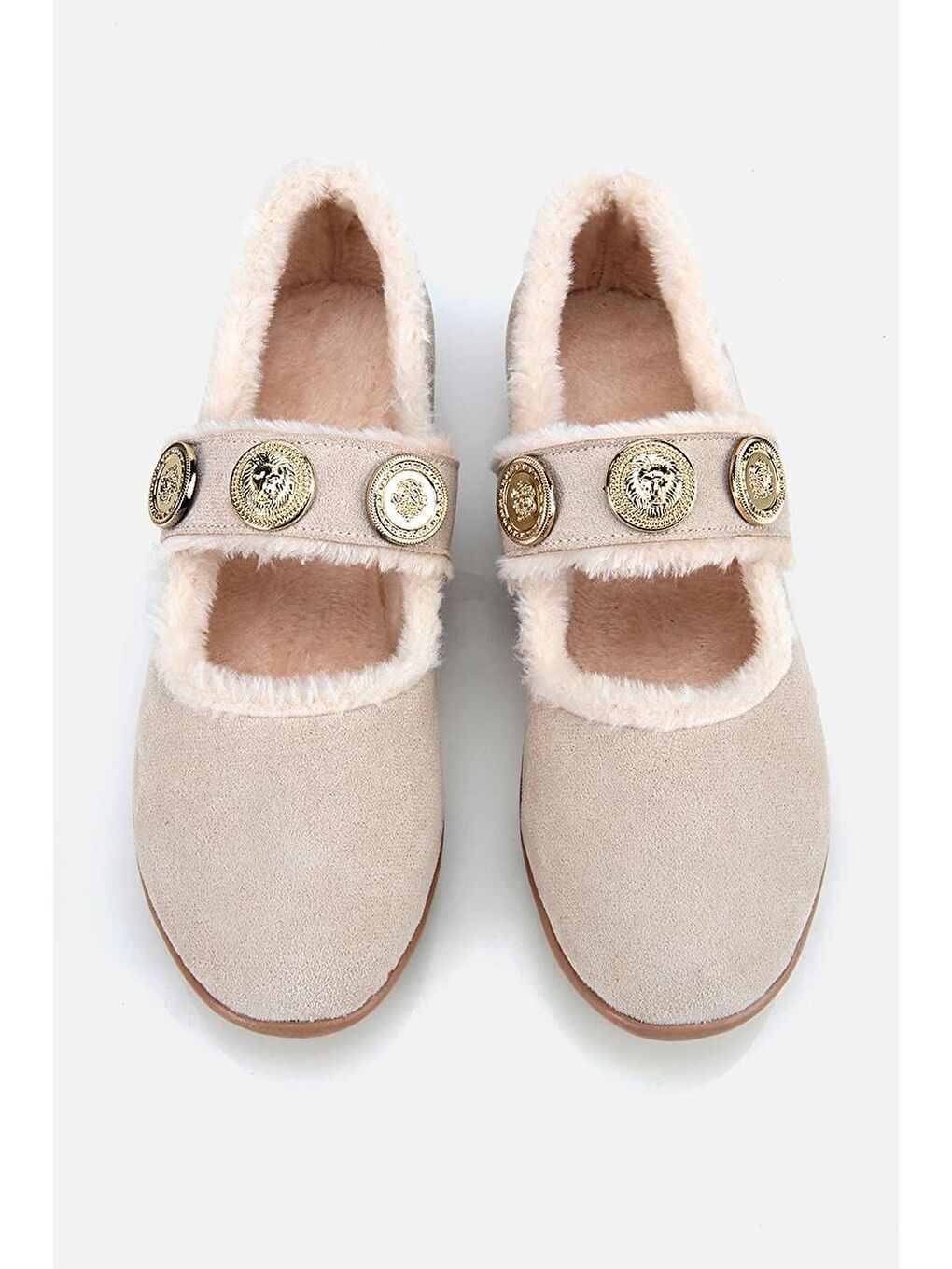 Kadın Bej Kürklü Tokalı Mary Jane Babet-3