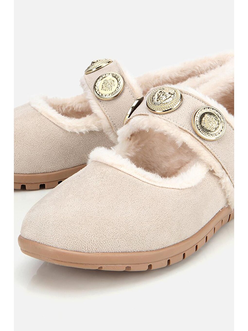 Kadın Bej Kürklü Tokalı Mary Jane Babet-4