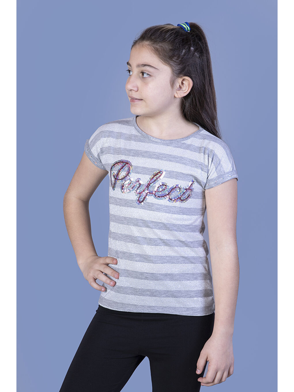 Gri Kız Çocuk Perfect Nakışlı Kolları İnci Detaylı Tişört