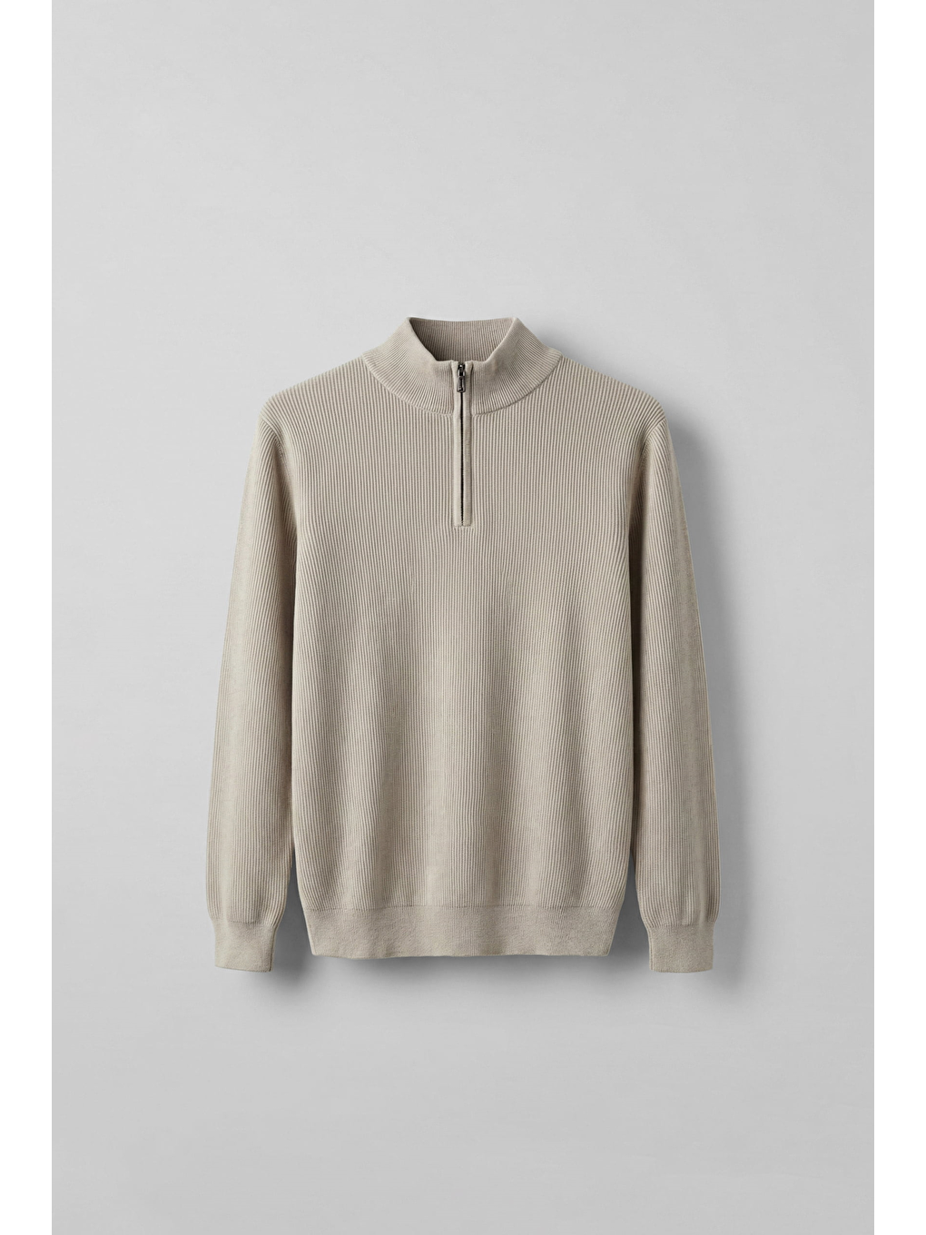 Erkek Regular Fit Fermuarlı Premium Kumaş Kazak Bej