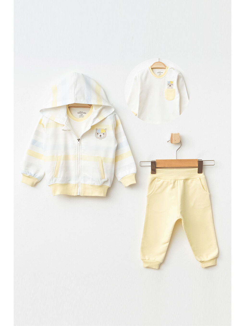 AZİZ BEBE Erkek Bebek Ayı Nakışlı Sweatshirt Pantolon T-shirt 3'lü Alt Üst Bebek Takımı 3 Ay-36 Ay