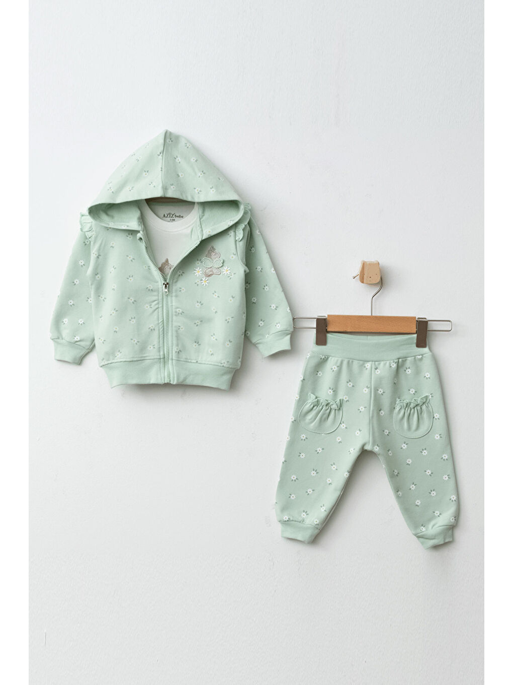AZİZ BEBE Kız Bebek Çiçek Desenli Sweatshirt Pantolon T-shirt 3'lü Alt Üst Bebek Takımı 3 Ay-36 Ay