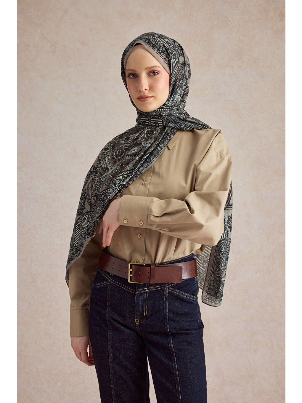 Bej Pamuk Şal Shadow Vizon-3