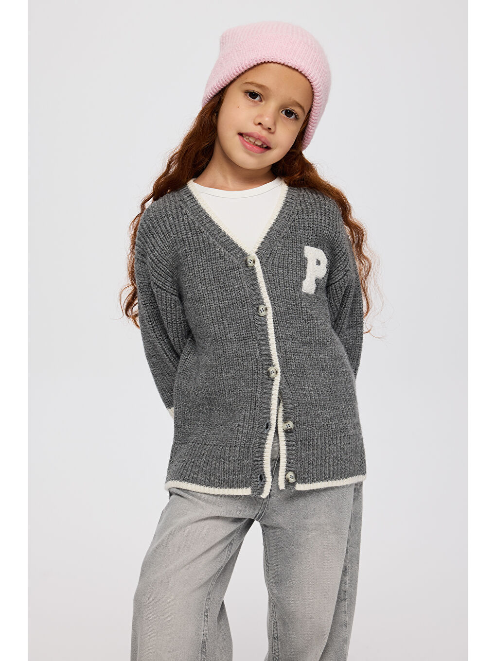 Kız Çocuk Aplike Detaylı Triko Hırka Antrasit-4