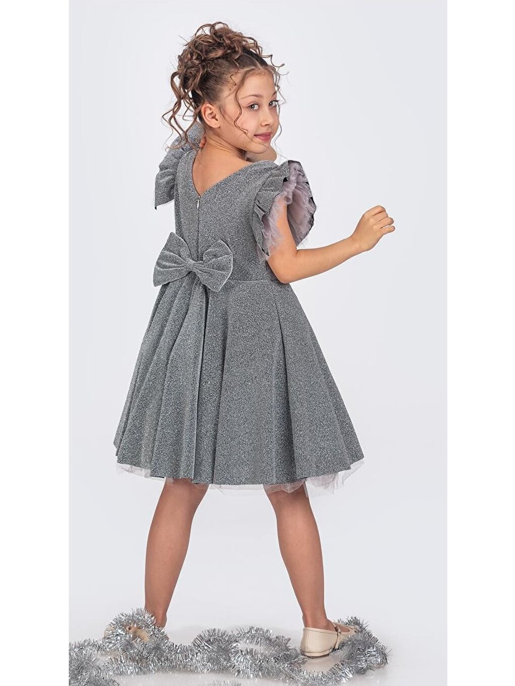 Gri Simli Şanzelize Kız Çocuk Abiye Elbise M00669-9