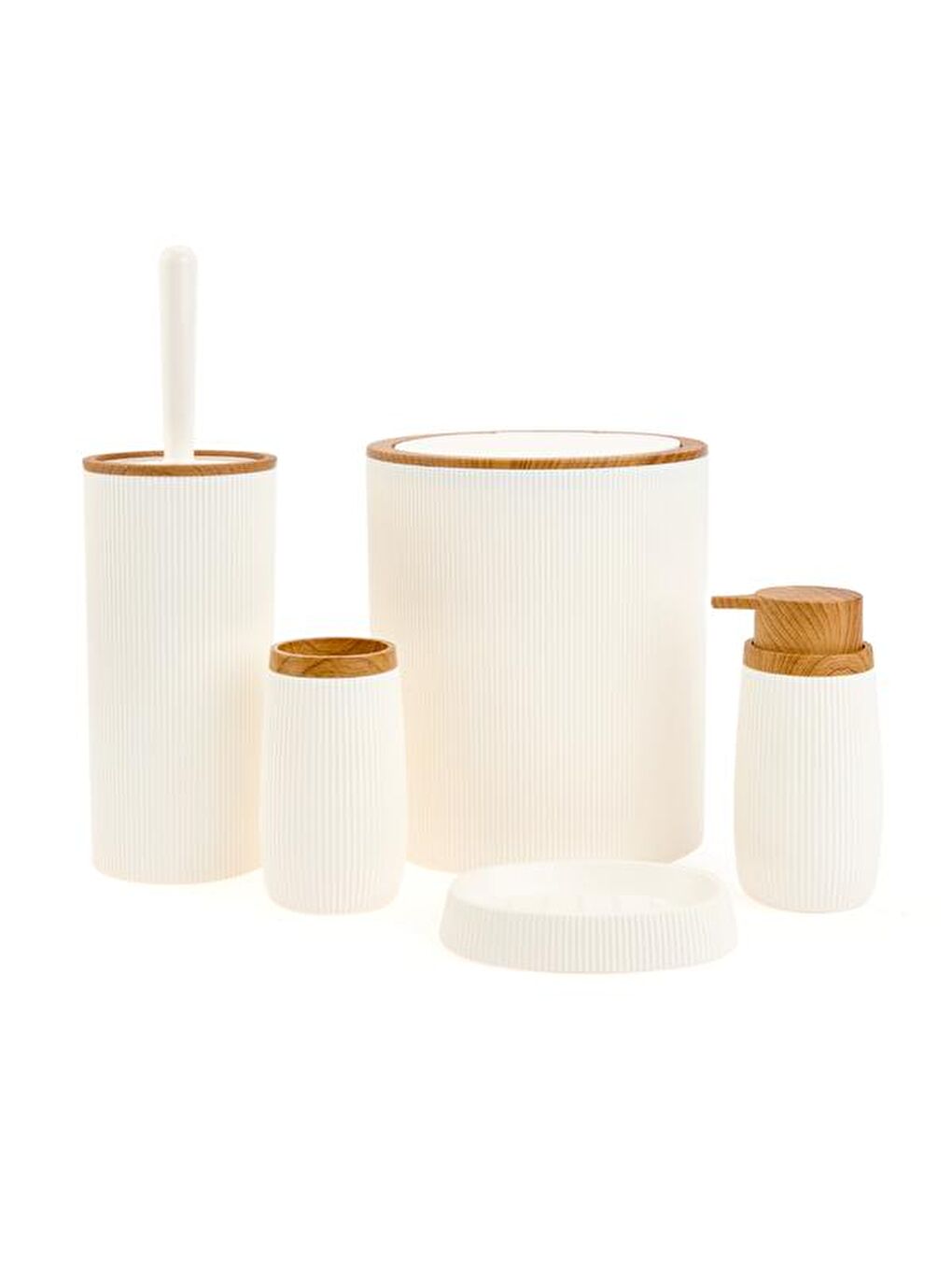 Bath Ahşap Desenli 5’li Banyo Seti - Beyaz-1
