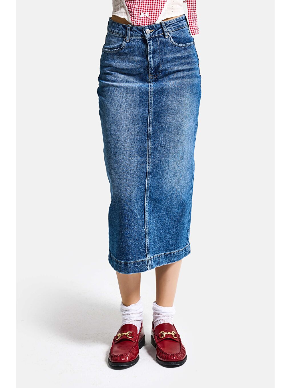 Kadın Mavi 2s6-4 Maxi Komfort Kumaş Arkadan Yırtmaçlı Denim Etek-1
