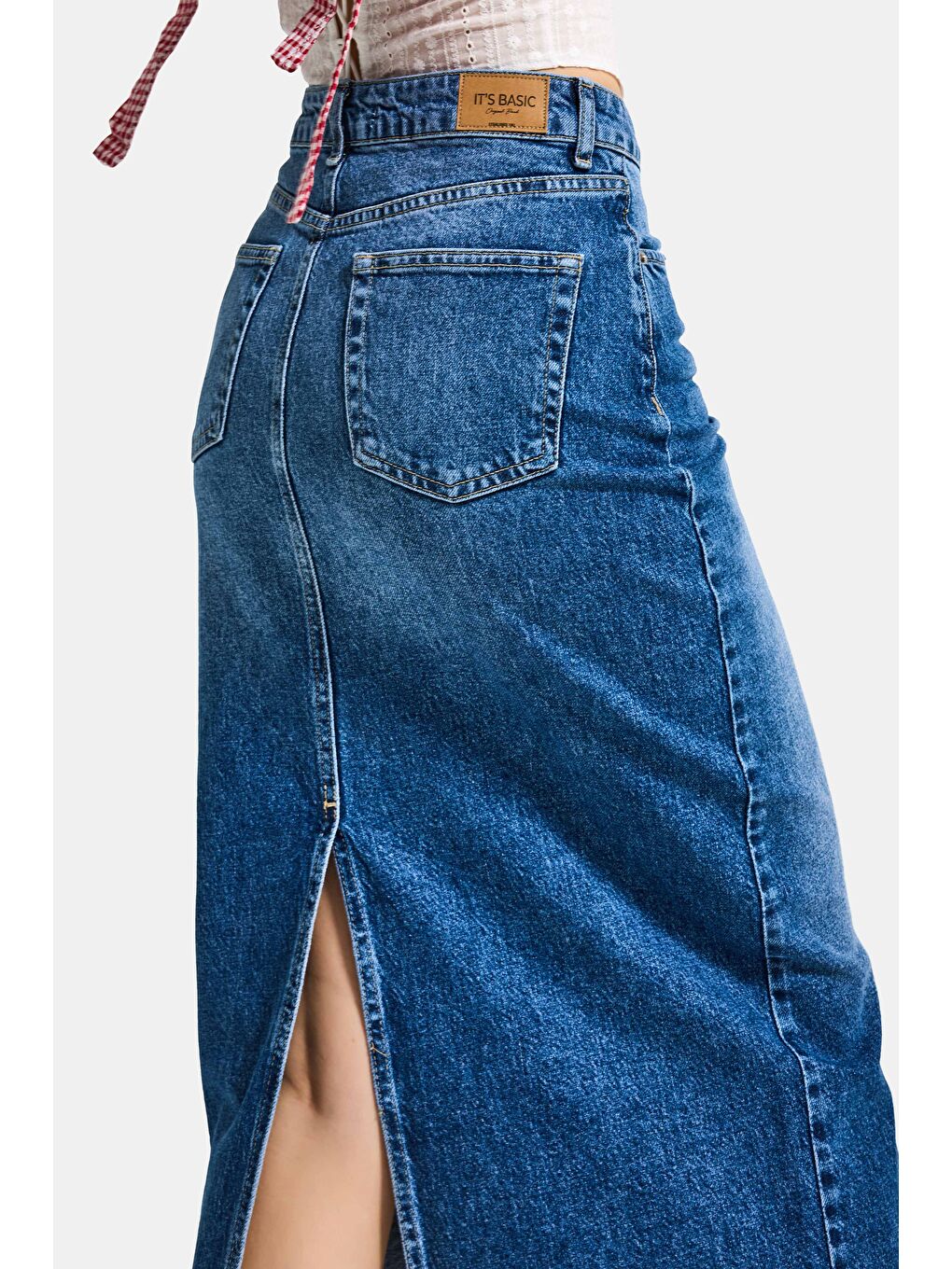 Kadın Mavi 2s6-4 Maxi Komfort Kumaş Arkadan Yırtmaçlı Denim Etek-2