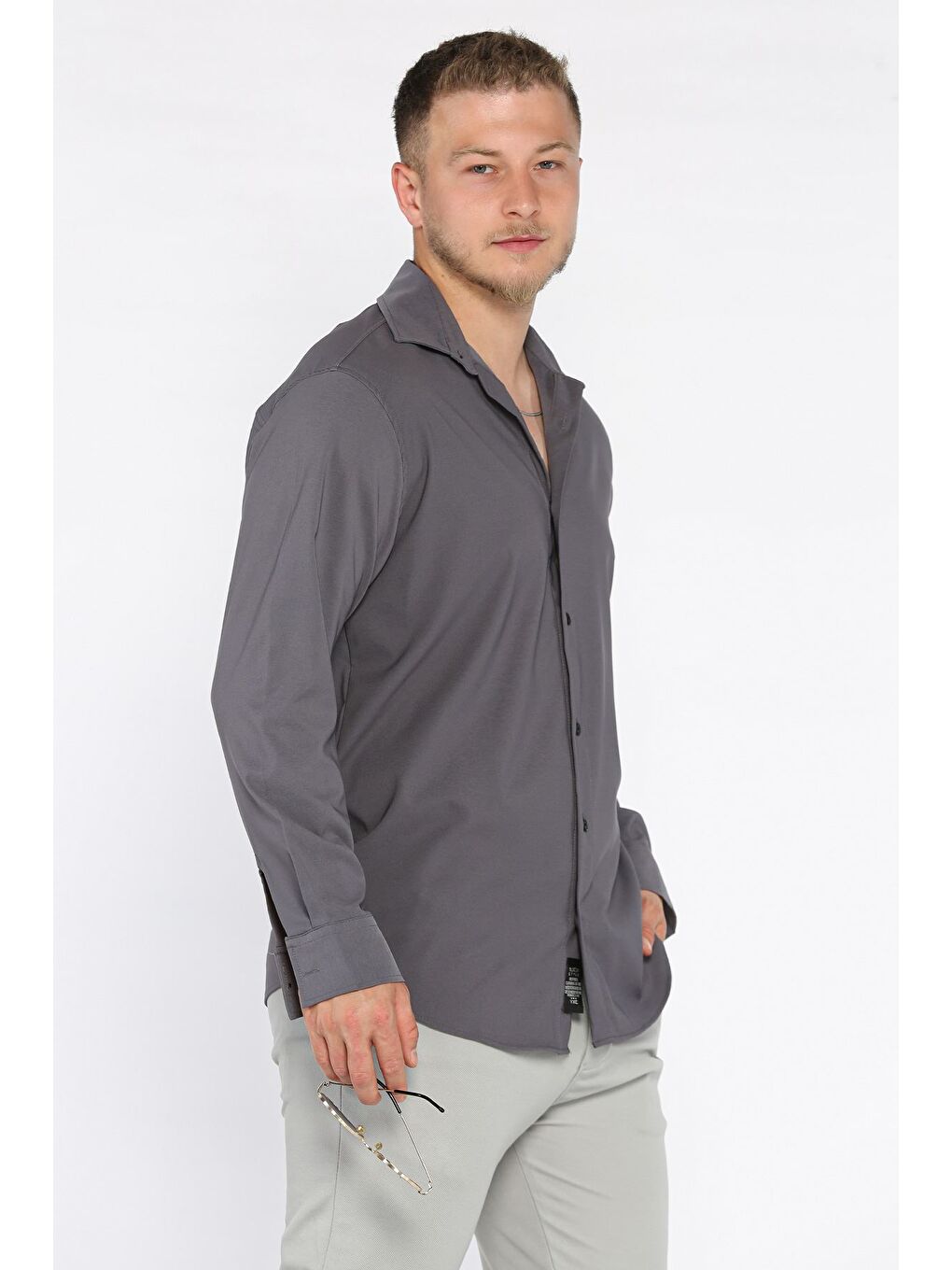 Gri Erkek Uzun Kol Elastanlı Oversize Gömlek-1