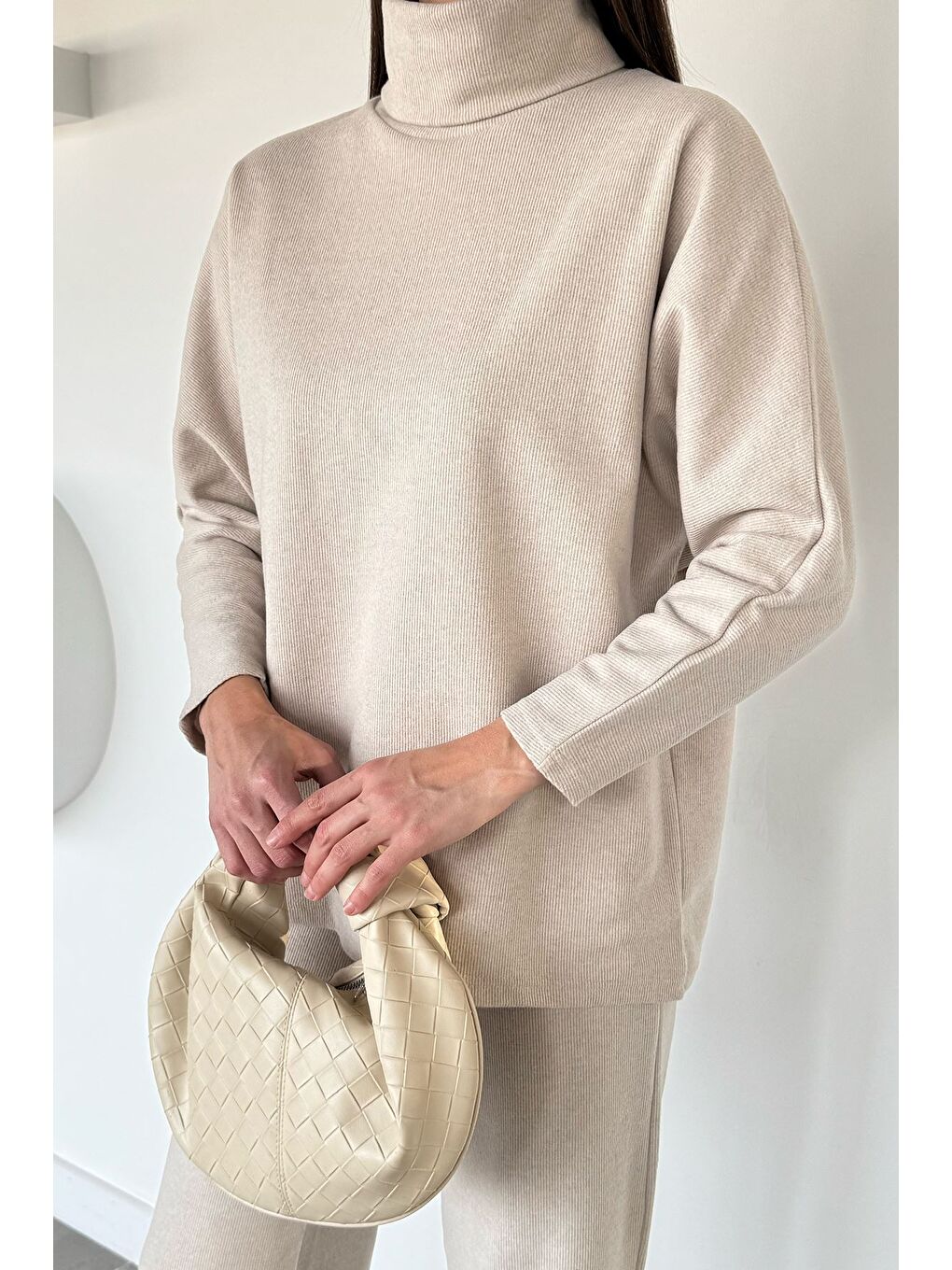 Bej Balıkçı Yaka Salaş Bluz Pantolon İkili Takım-2