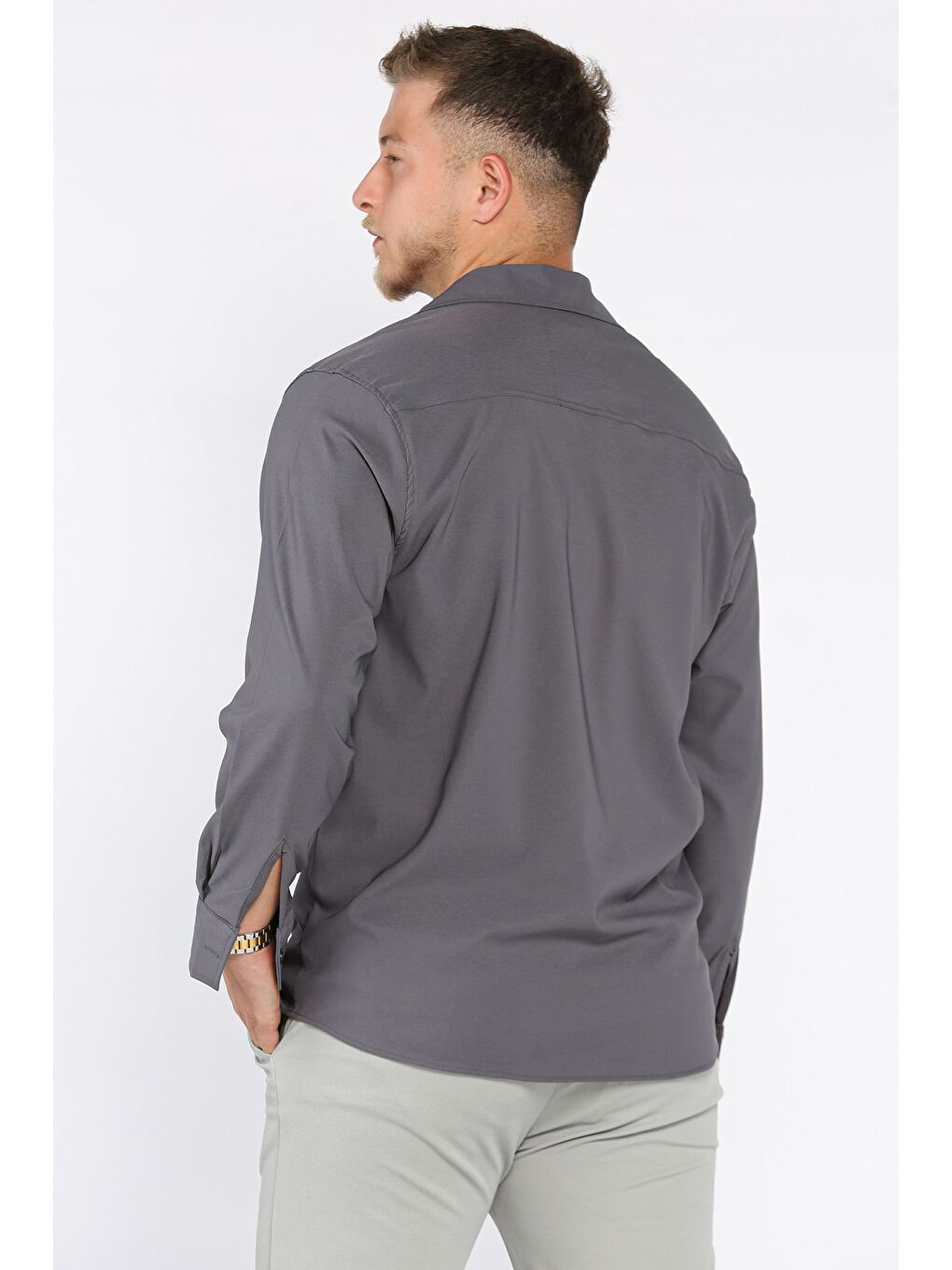 Gri Erkek Uzun Kol Elastanlı Oversize Gömlek-2