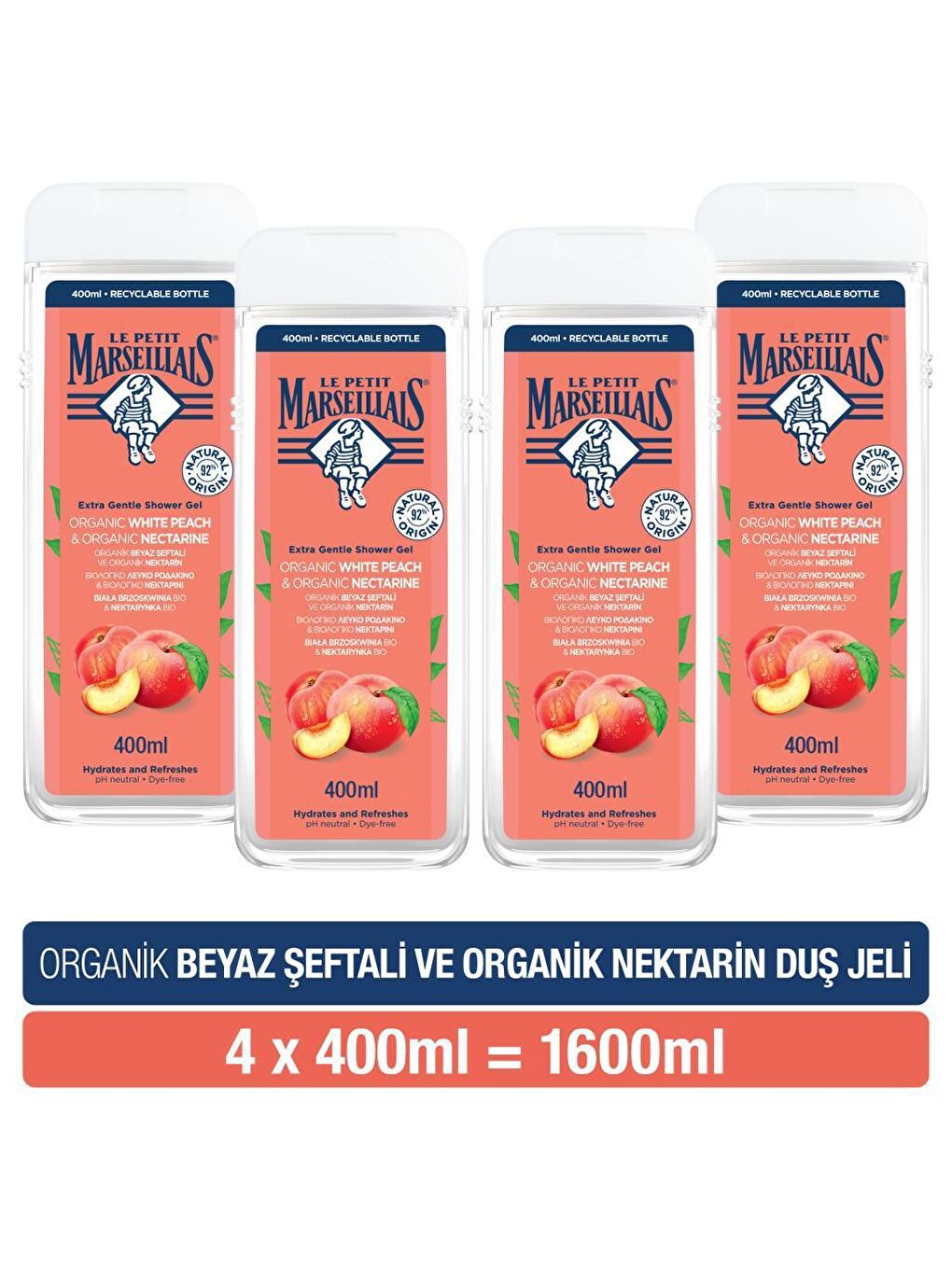 Le Petit Marseillais Renksiz Beyaz Şeftali Ve Nektarin Nemlendirici Banyo Ve Duş Jeli 400 ml x4