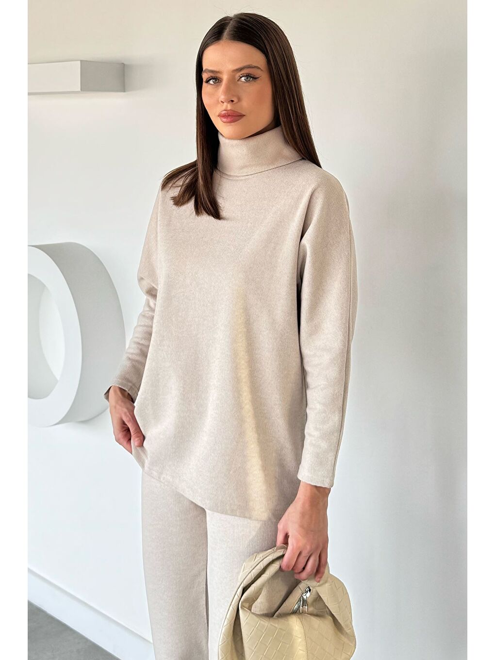 Bej Balıkçı Yaka Salaş Bluz Pantolon İkili Takım-3