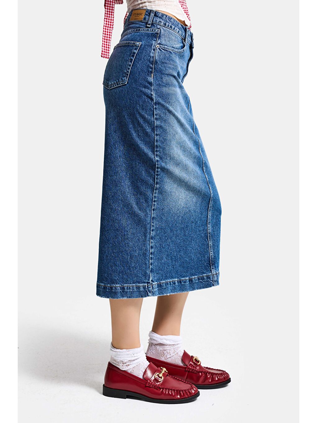 Kadın Mavi 2s6-4 Maxi Komfort Kumaş Arkadan Yırtmaçlı Denim Etek-4