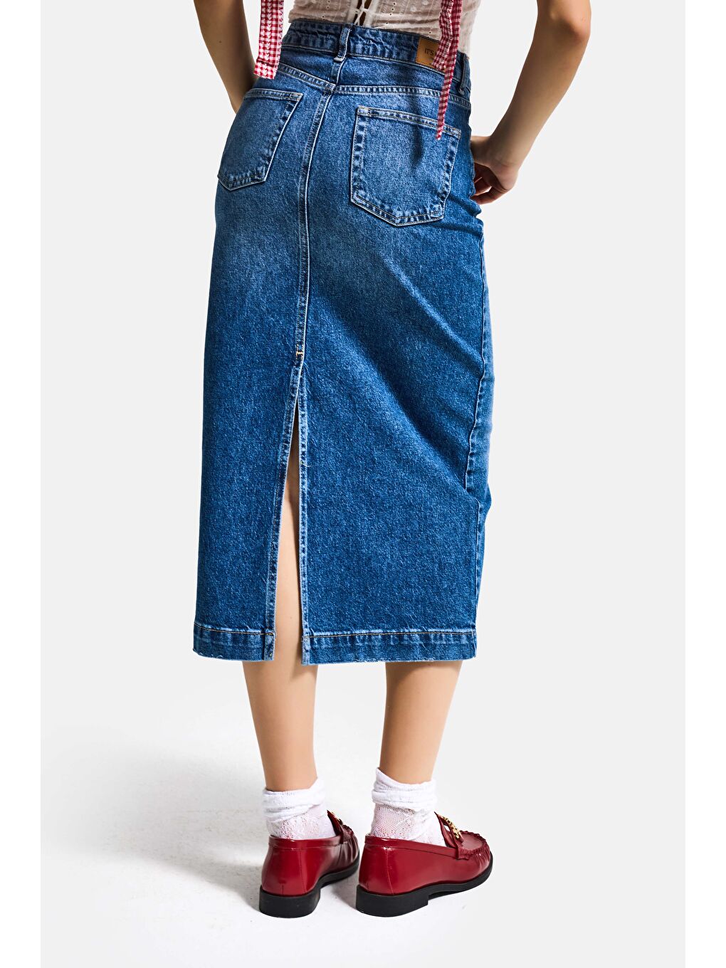 Kadın Mavi 2s6-4 Maxi Komfort Kumaş Arkadan Yırtmaçlı Denim Etek-6