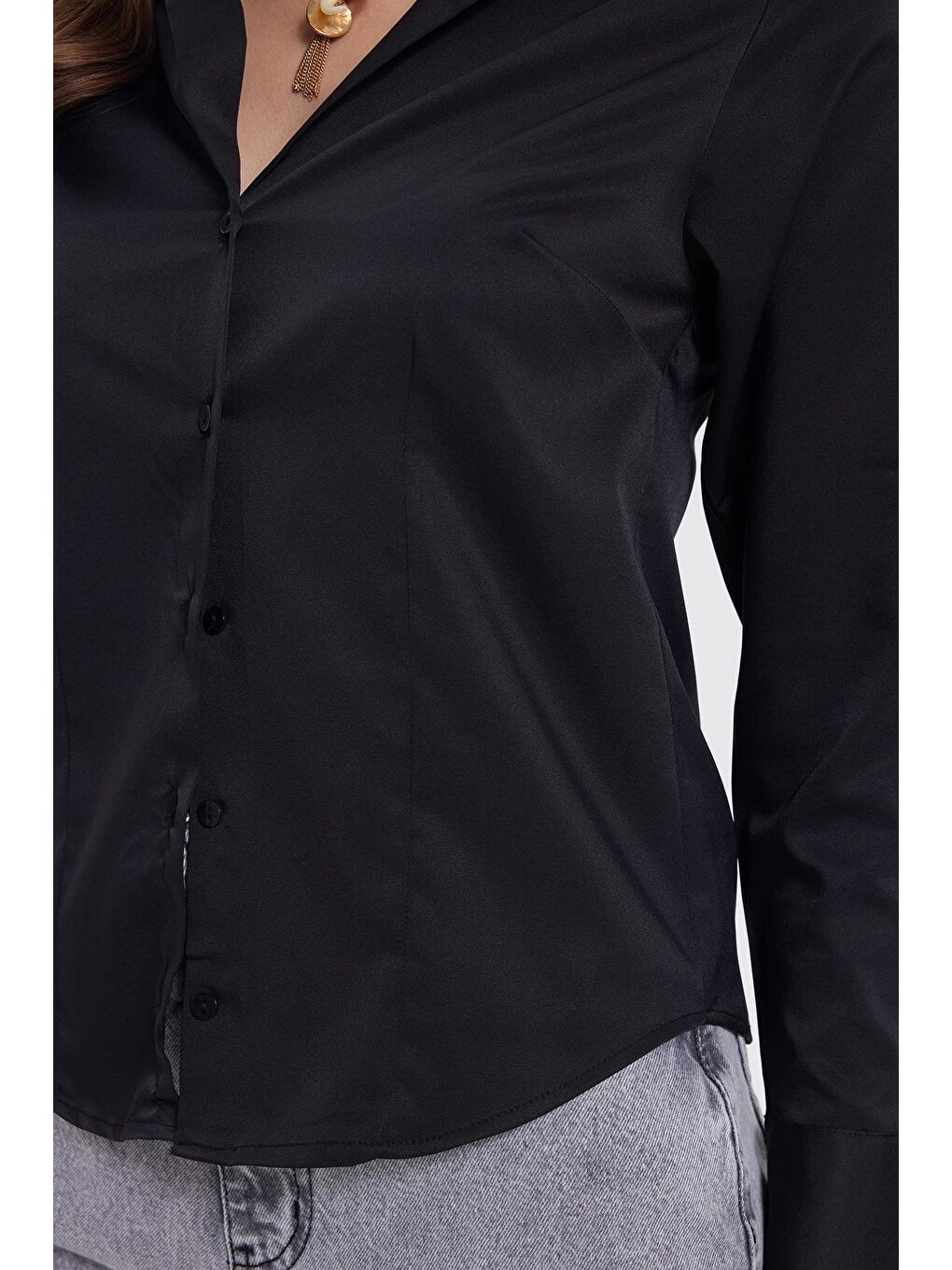 Kadın Slim Fit Dar Kesim Pensli Vucüda Oturan Klasik Yaka Uzun Kollu Elastanlı Siyah Gömlek-3