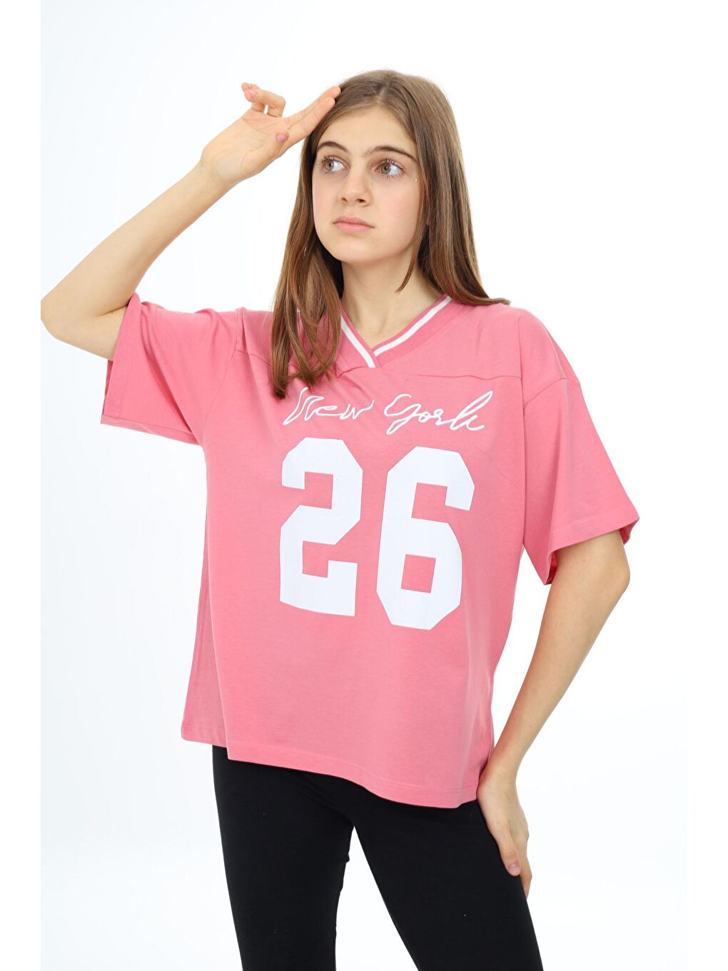 Pembe Önü Yazılı V Yaka Kız Oversize Tişört 17809-1