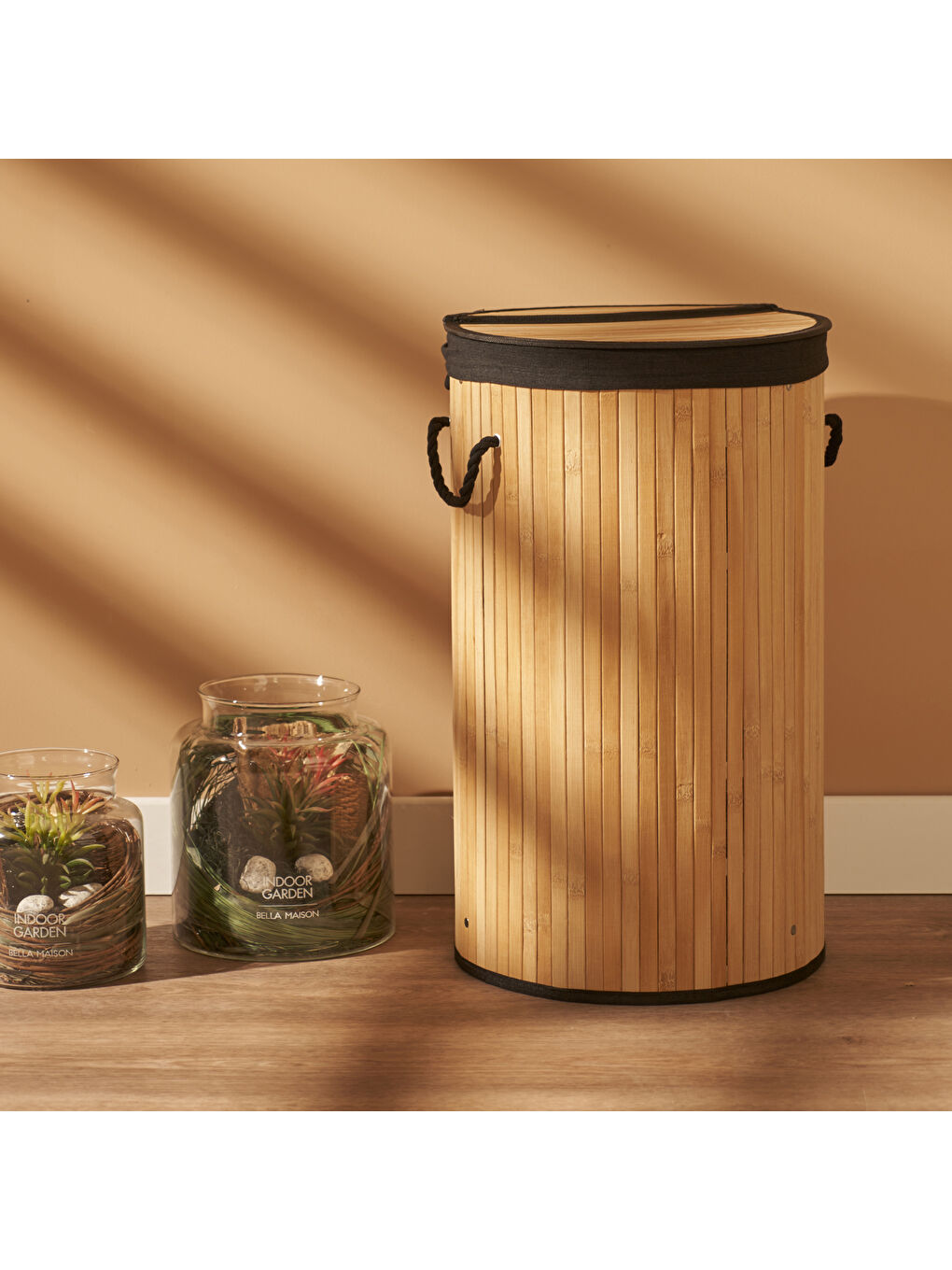 Bej Lavi Bambu Katlanır Çamaşır Sepeti Naturel-Siyah (35x61 cm)