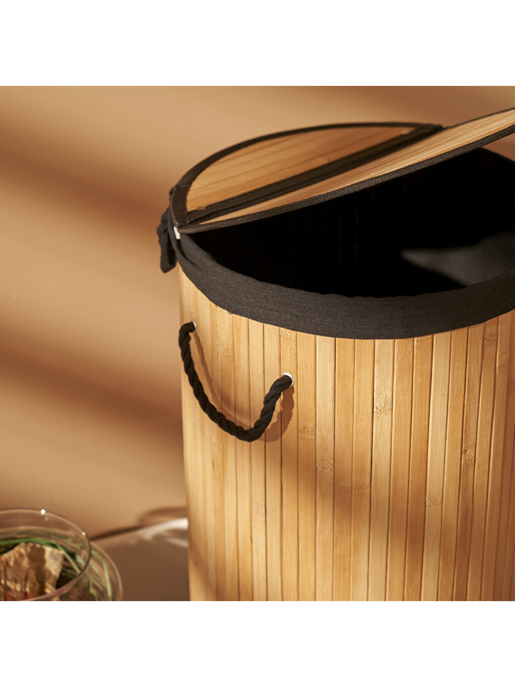 Bej Lavi Bambu Katlanır Çamaşır Sepeti Naturel-Siyah (35x61 cm)-1