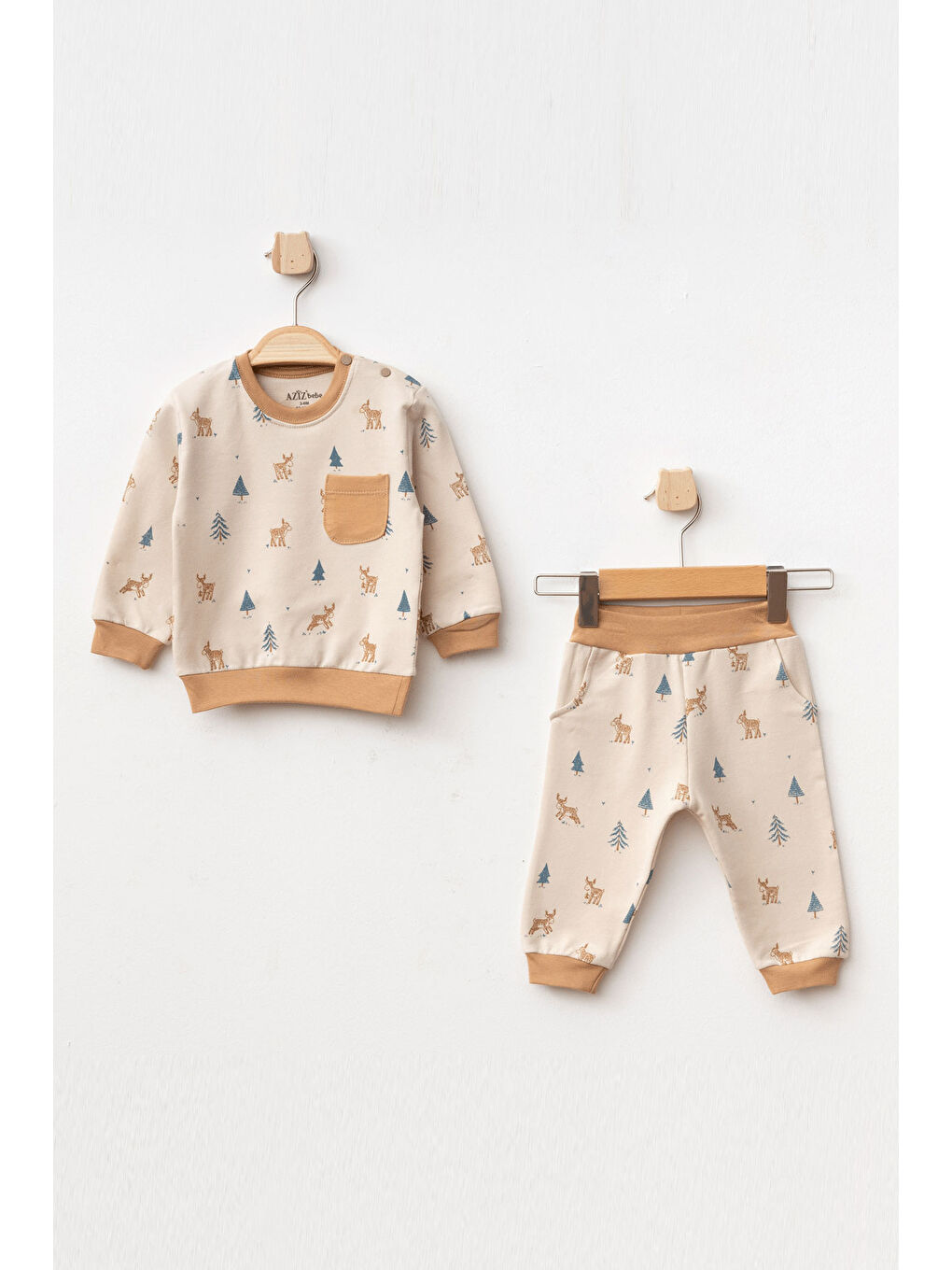 Kahverengi Erkek Bebek Geyik Desenli Sweatshirt Pantolon 2 'li Alt Üst Bebek Takımı 3 Ay - 18 Ay
