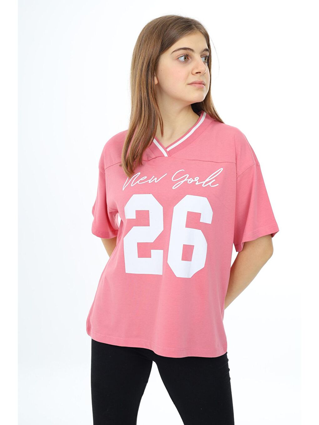 Pembe Önü Yazılı V Yaka Kız Oversize Tişört 17809-2