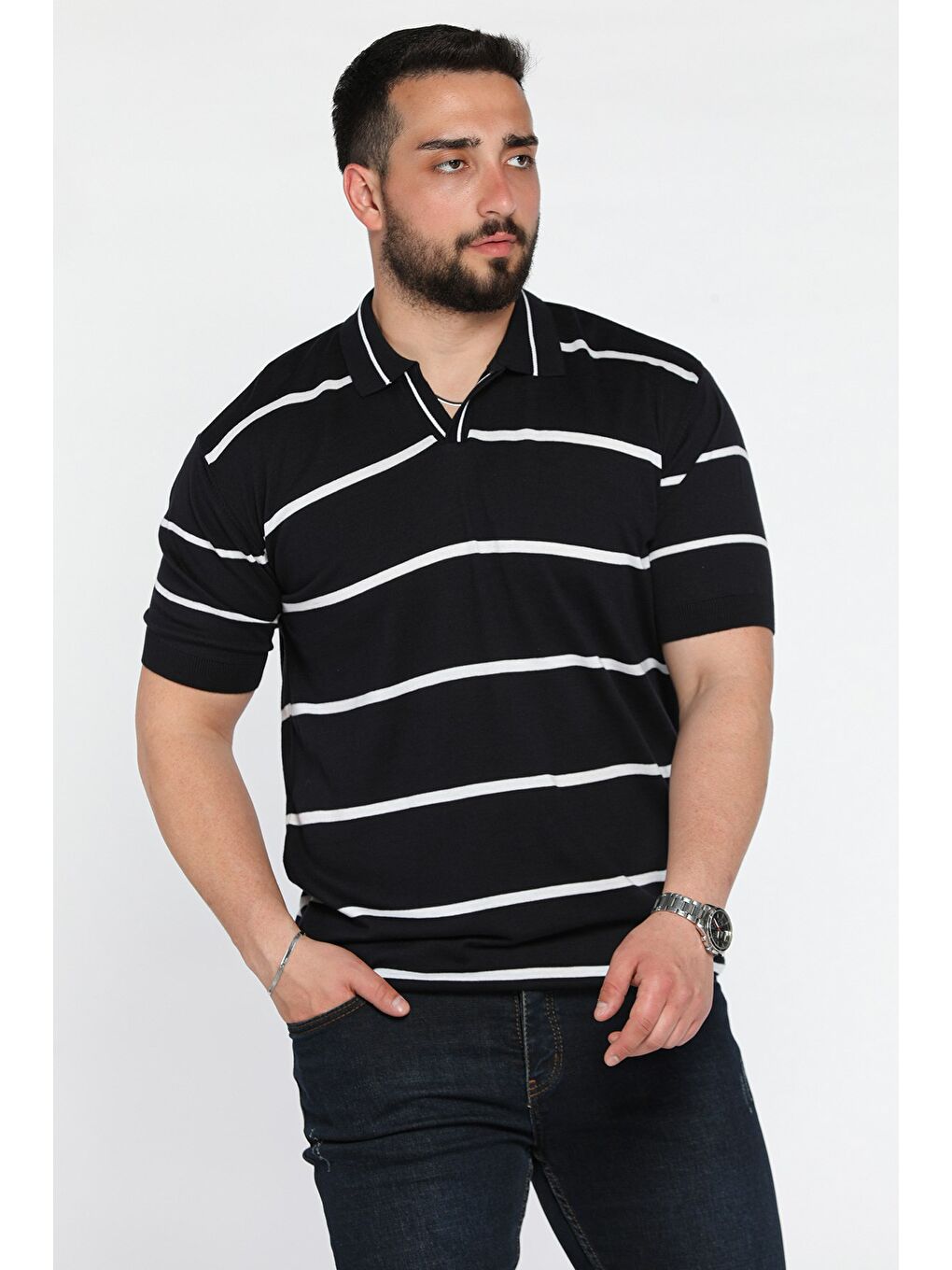 Lacivert Erkek Polo Yaka Çizgi Desenli Triko Tişört-2
