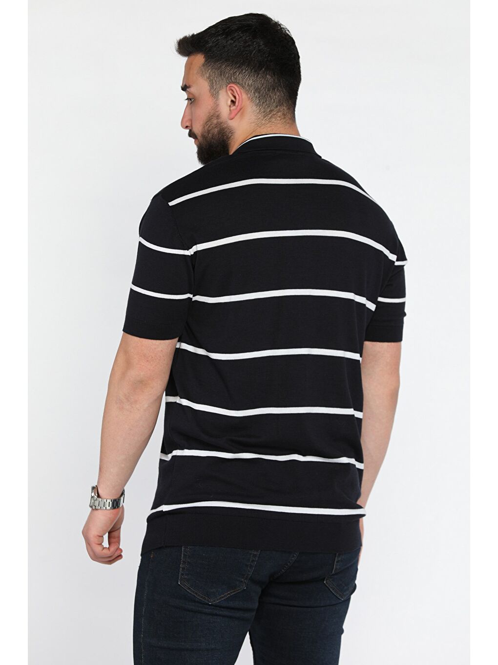 Lacivert Erkek Polo Yaka Çizgi Desenli Triko Tişört-3