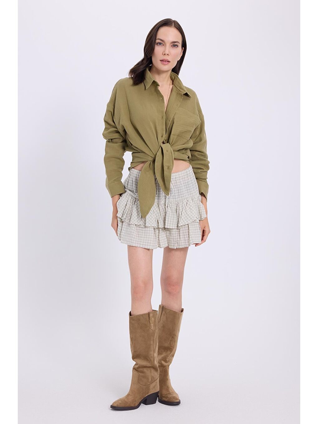 Kadın Oversize Geniş Kesim %100 Pamuk Müslin Kumaş Uzun Kollu Cepli Dokulu Haki Gömlek-4