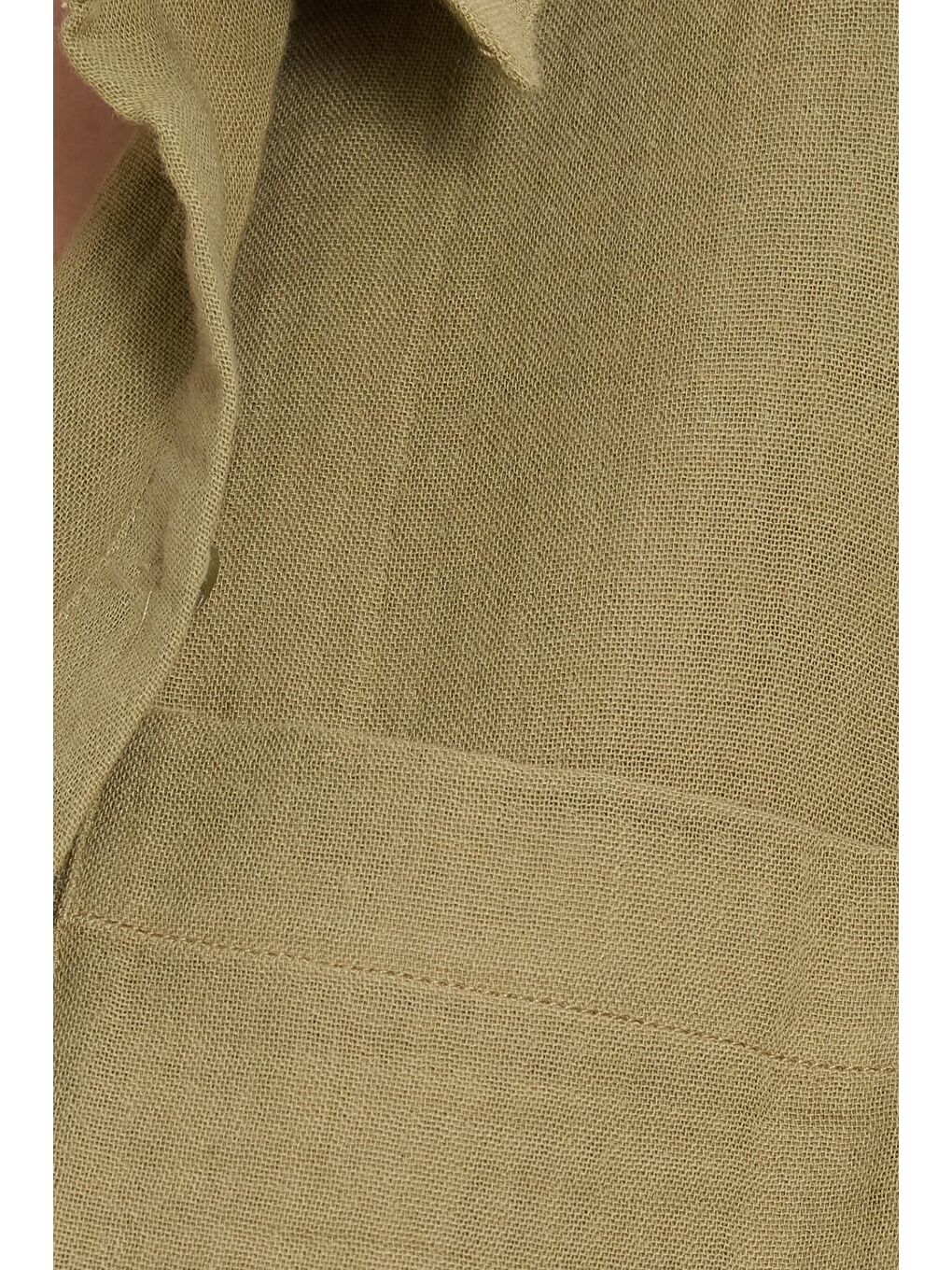 Kadın Oversize Geniş Kesim %100 Pamuk Müslin Kumaş Uzun Kollu Cepli Dokulu Haki Gömlek-5