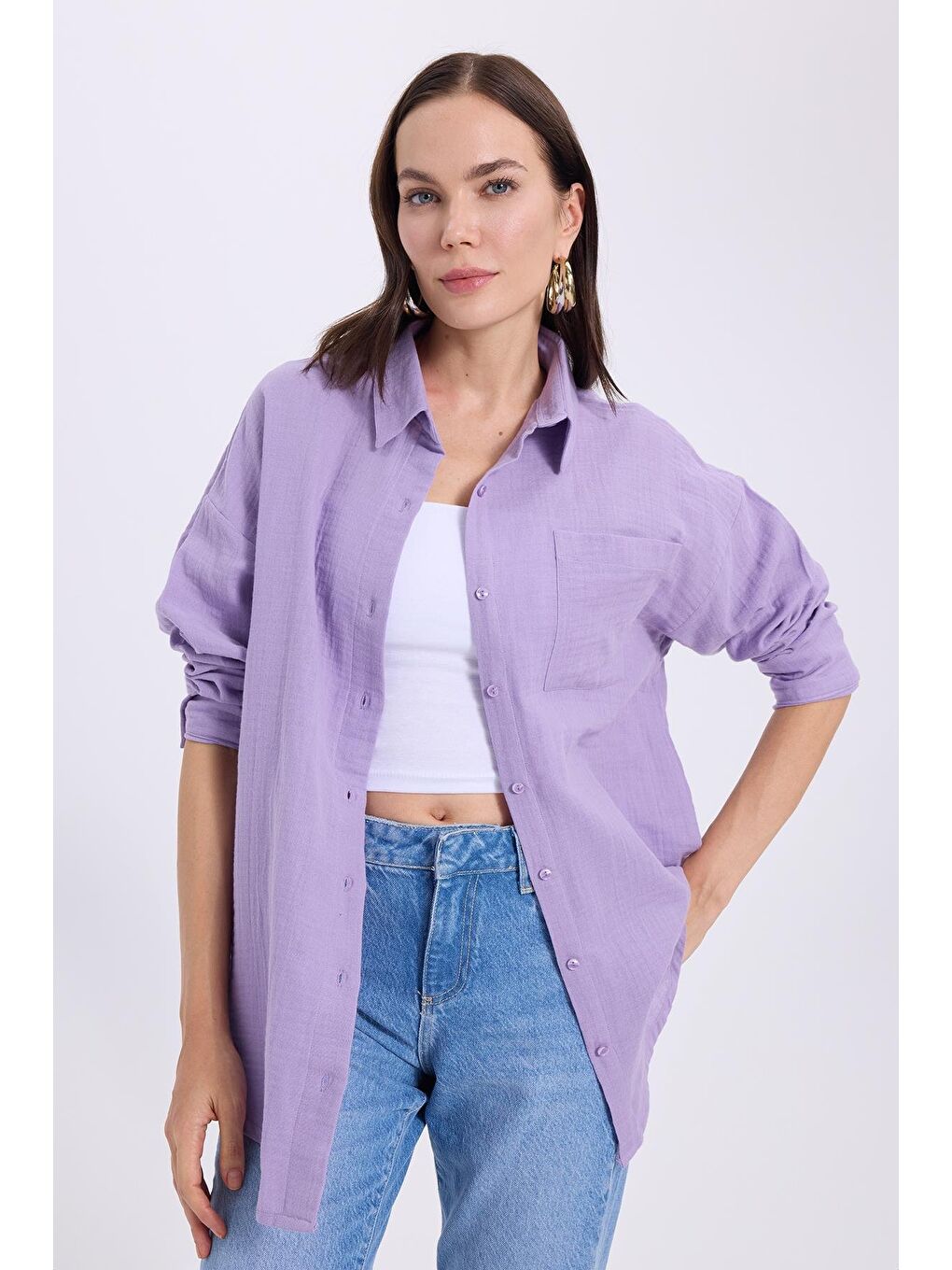 Kadın Oversize Geniş Kesim %100 Pamuk Müslin Kumaş Uzun Kollu Cepli Dokulu Açık Mor Gömlek