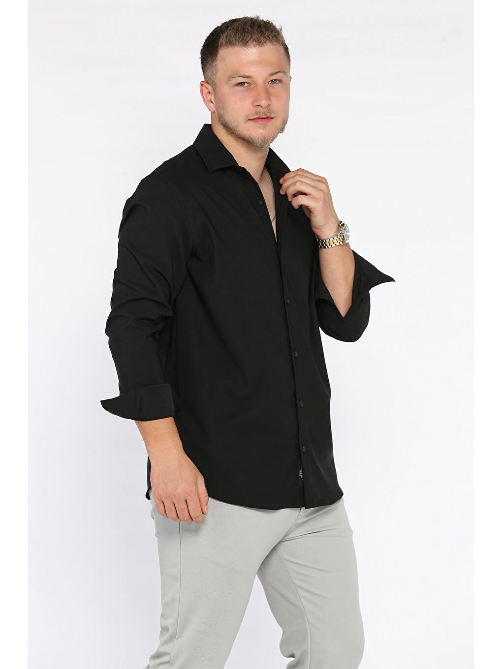 Siyah Erkek Uzun Kol Elastanlı Oversize Gömlek-1