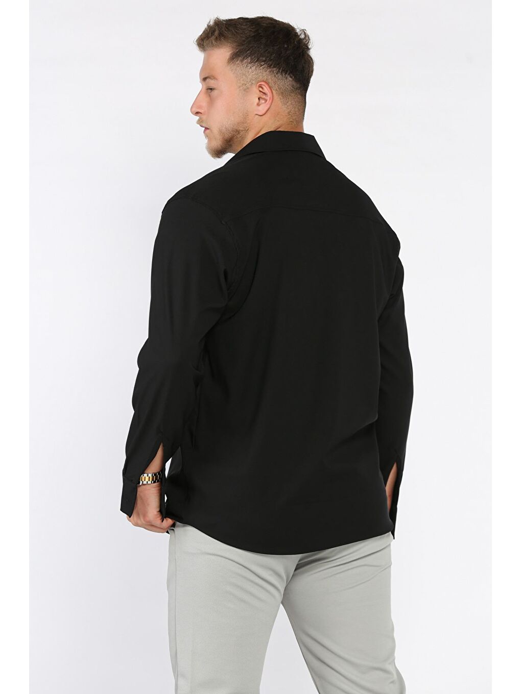 Siyah Erkek Uzun Kol Elastanlı Oversize Gömlek-2