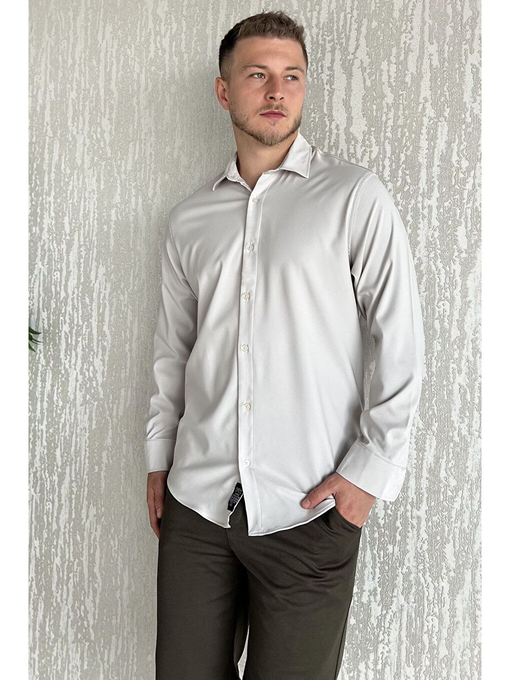 Bej Erkek Uzun Kol Elastanlı Oversize Gömlek