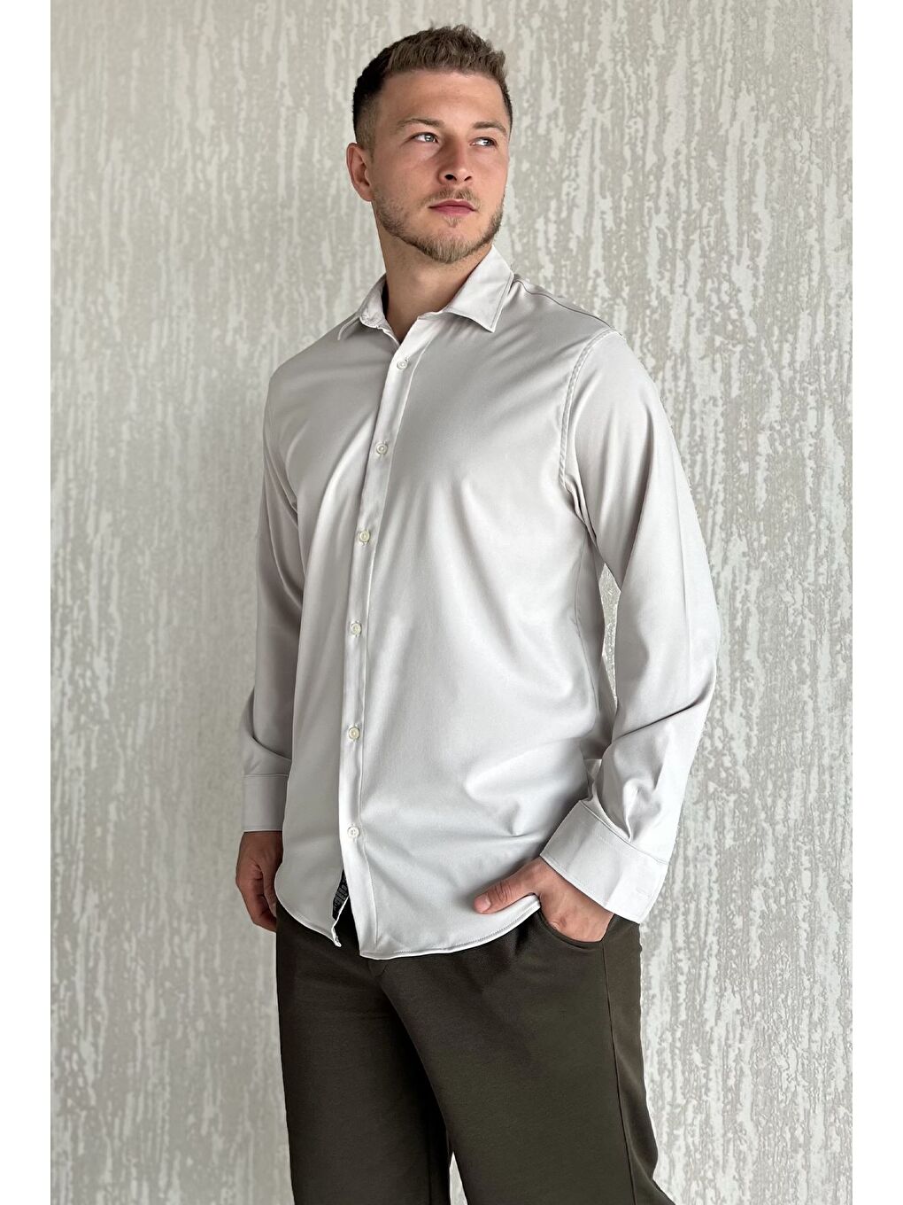 Bej Erkek Uzun Kol Elastanlı Oversize Gömlek-1